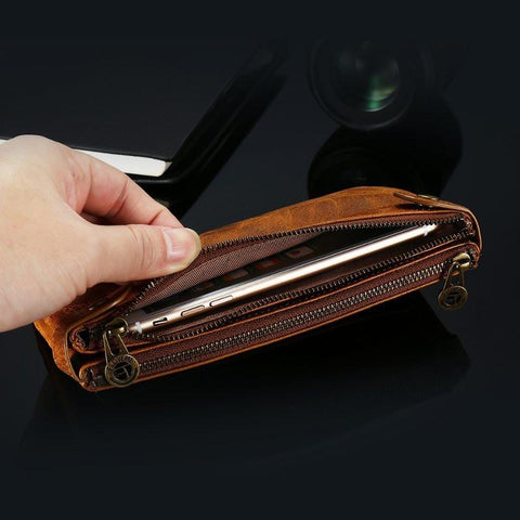 Retro Genuine Leather Dual Zipper Pocket Phone Wallet Clutch Bag Handbag