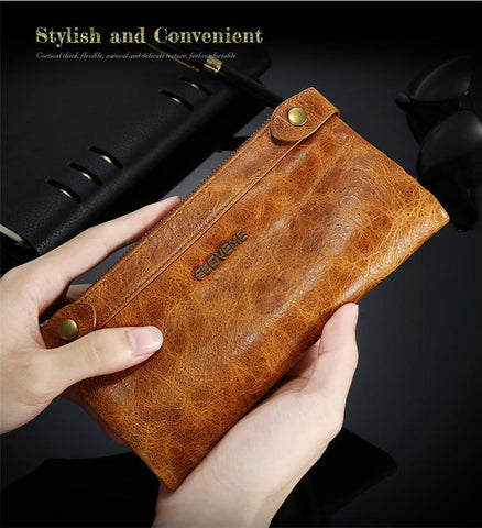 Retro Genuine Leather Dual Zipper Pocket Phone Wallet Clutch Bag Handbag