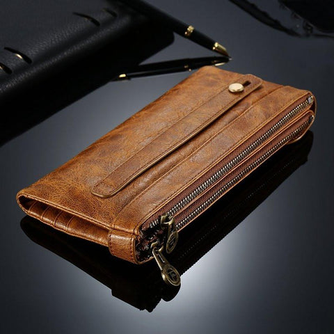 Retro Genuine Leather Dual Zipper Pocket Phone Wallet Clutch Bag Handbag