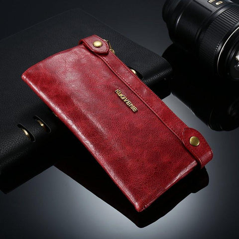 Retro Genuine Leather Dual Zipper Pocket Phone Wallet Clutch Bag Handbag