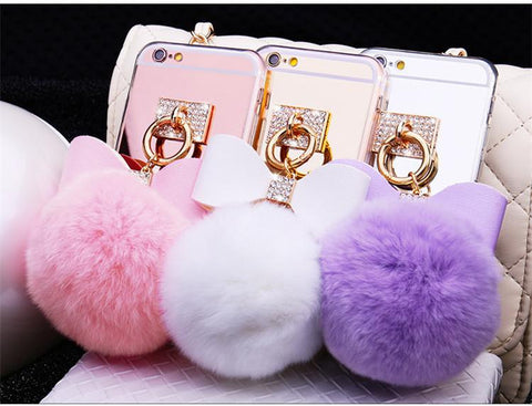 Handmade Luxury Rhinestone Bowknot Fur Ball Mirror