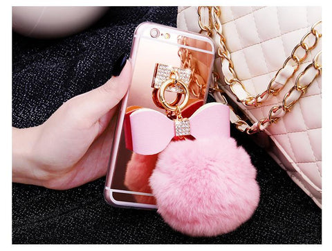 Handmade Luxury Rhinestone Bowknot Fur Ball Mirror