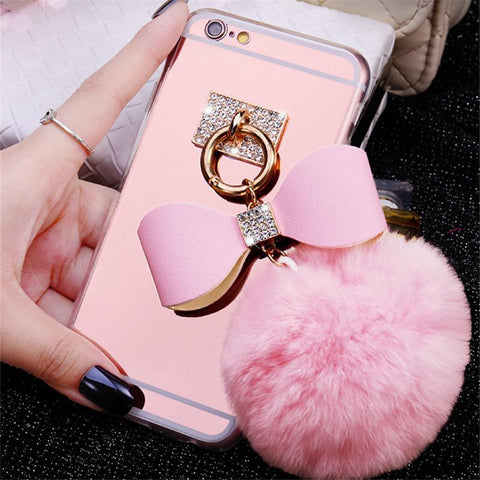 Handmade Luxury Rhinestone Bowknot Fur Ball Mirror