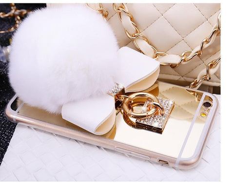 Handmade Luxury Rhinestone Bowknot Fur Ball Mirror