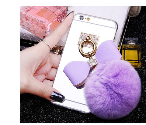 Handmade Luxury Rhinestone Bowknot Fur Ball Mirror