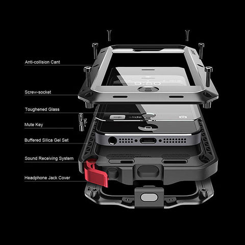 Waterproof Shockproof Aluminum Gorilla Metal Case For Iphone & Tempered glass