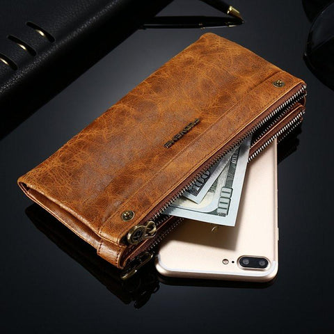 Retro Genuine Leather Dual Zipper Pocket Phone Wallet Clutch Bag Handbag