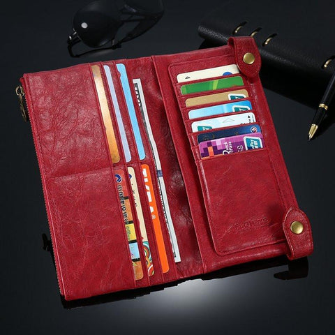 Retro Genuine Leather Dual Zipper Pocket Phone Wallet Clutch Bag Handbag