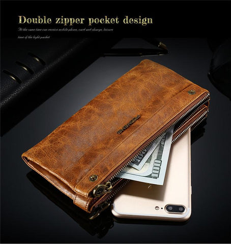 Retro Genuine Leather Dual Zipper Pocket Phone Wallet Clutch Bag Handbag