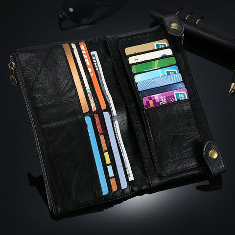 Retro Genuine Leather Dual Zipper Pocket Phone Wallet Clutch Bag Handbag