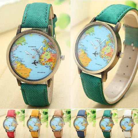 Fashion quartz watch map irplane Travel Around The World