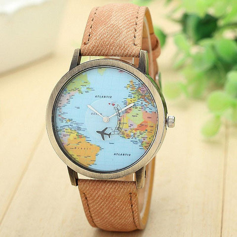 Fashion quartz watch map irplane Travel Around The World