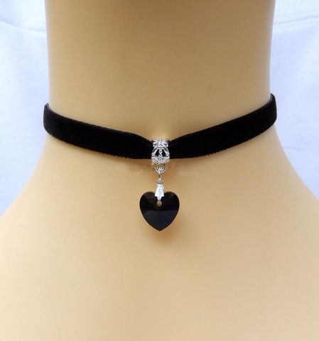 Gothic Velvet Heart Crystal Choker Handmade Necklace